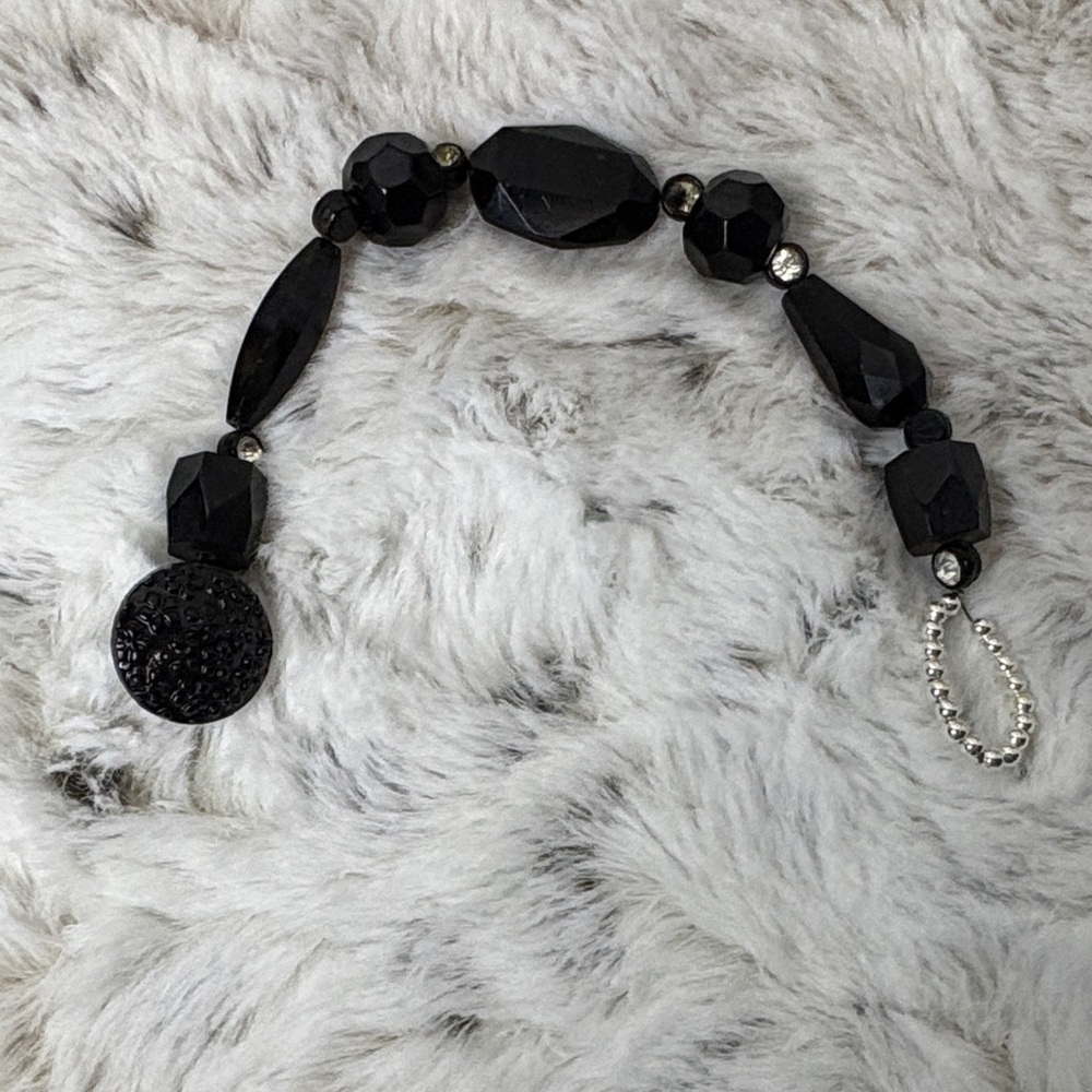 Handmade Black Beaded Wire & Button Bracelet